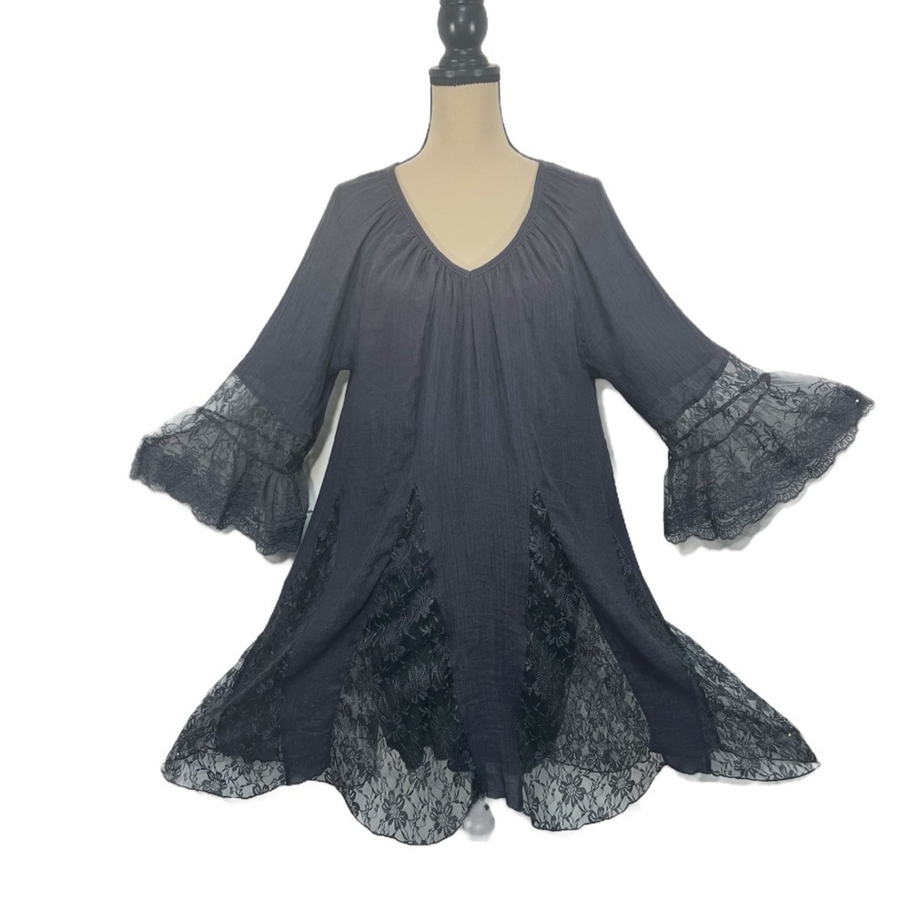 Angel Heart Boho Dark Grey Dress Lace Insert Peasant Lace Tunic Gypsy size 2X - Picture 5 of 8